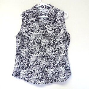 Alfani black and white roses floral print button up sleeveless tank shirt sz 16